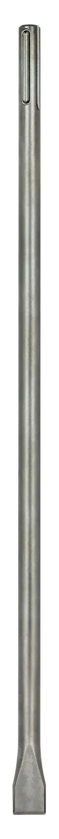 Un foret burin métallique droit et allongé avec une pointe plate, présenté verticalement sur un fond blanc.