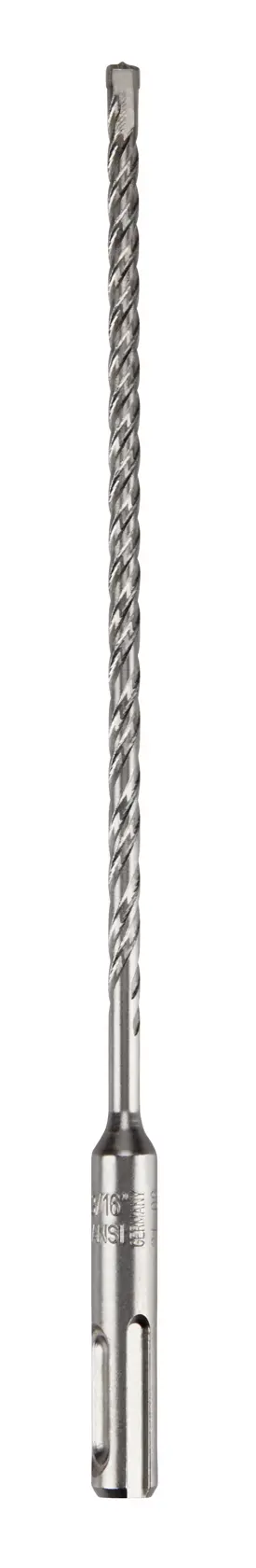 Un foret métallique long de type SDS avec un motif en spirale, présenté verticalement sur un fond blanc.