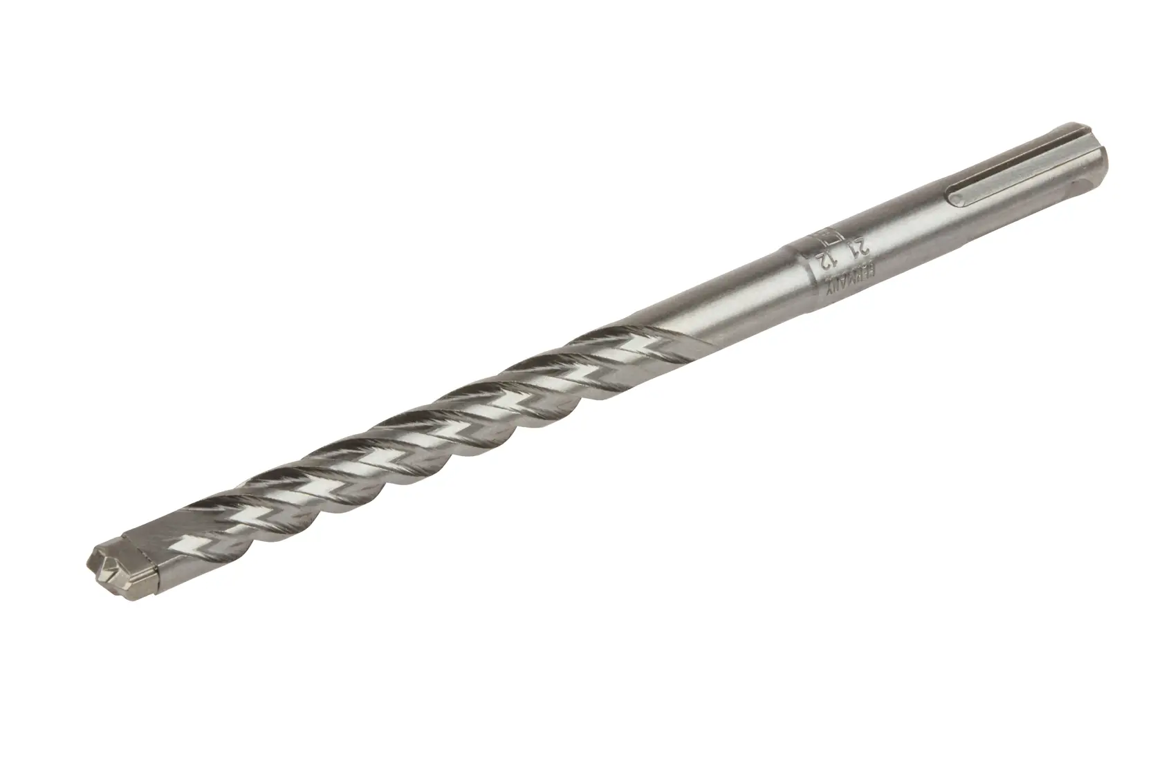 A single metal masonry drill bit with a spiral flute design, shown standing upright against a white background.