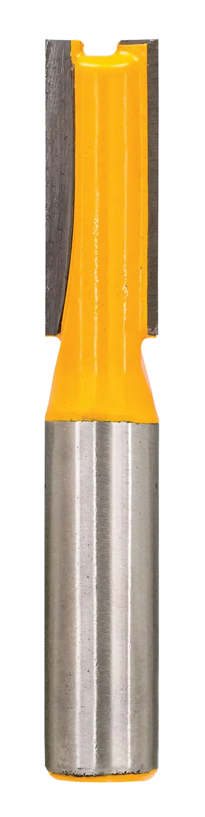 Fraise droite DEWALT DT90003 avec finition jaune et manche en acier, utilisée en menuiserie.
