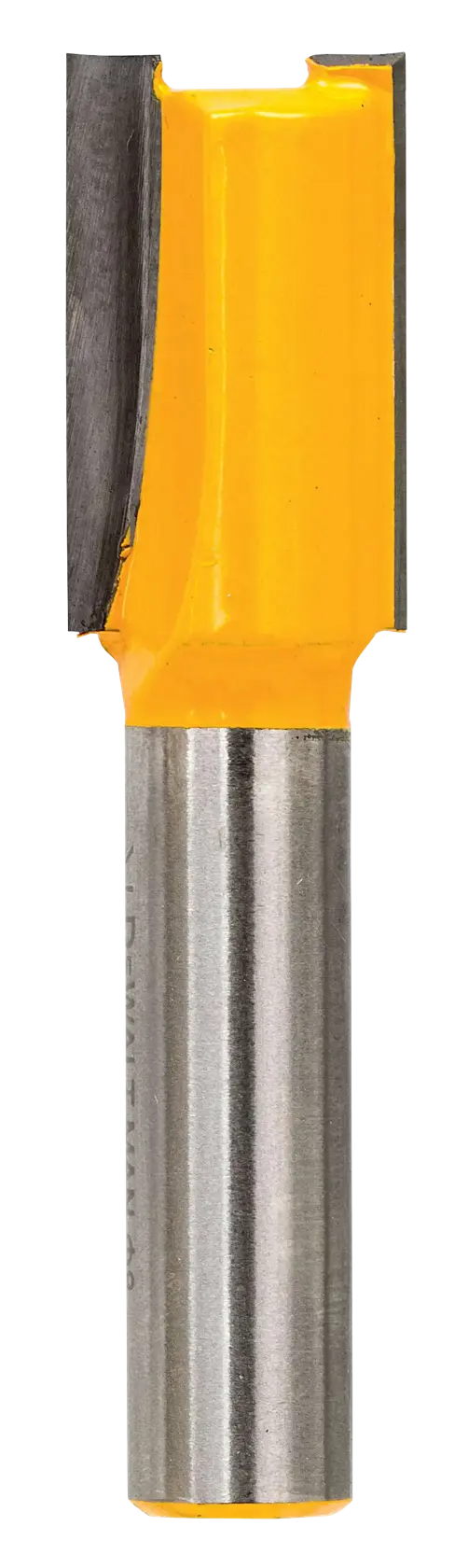 Fraise droite DEWALT DT90005 jaune pour bois, arbre en métal, visible sur fond blanc.