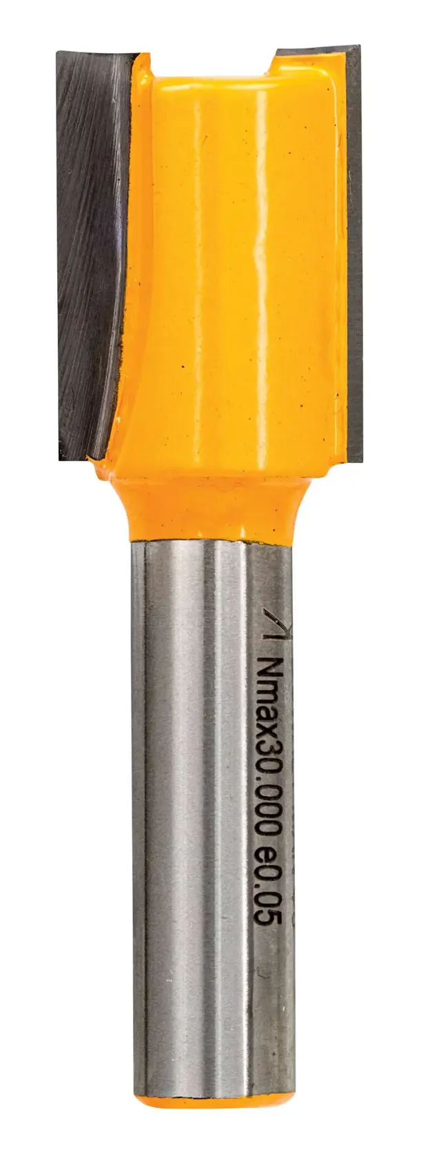 Fraise droite DEWALT DT90007, corps jaune et bords tranchants, utilisée pour le travail du bois.