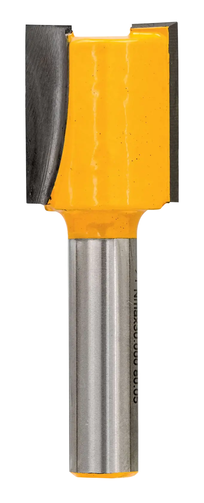 Fraise droite DEWALT DT90009 avec revêtement jaune et tige en acier, pour le travail du bois.