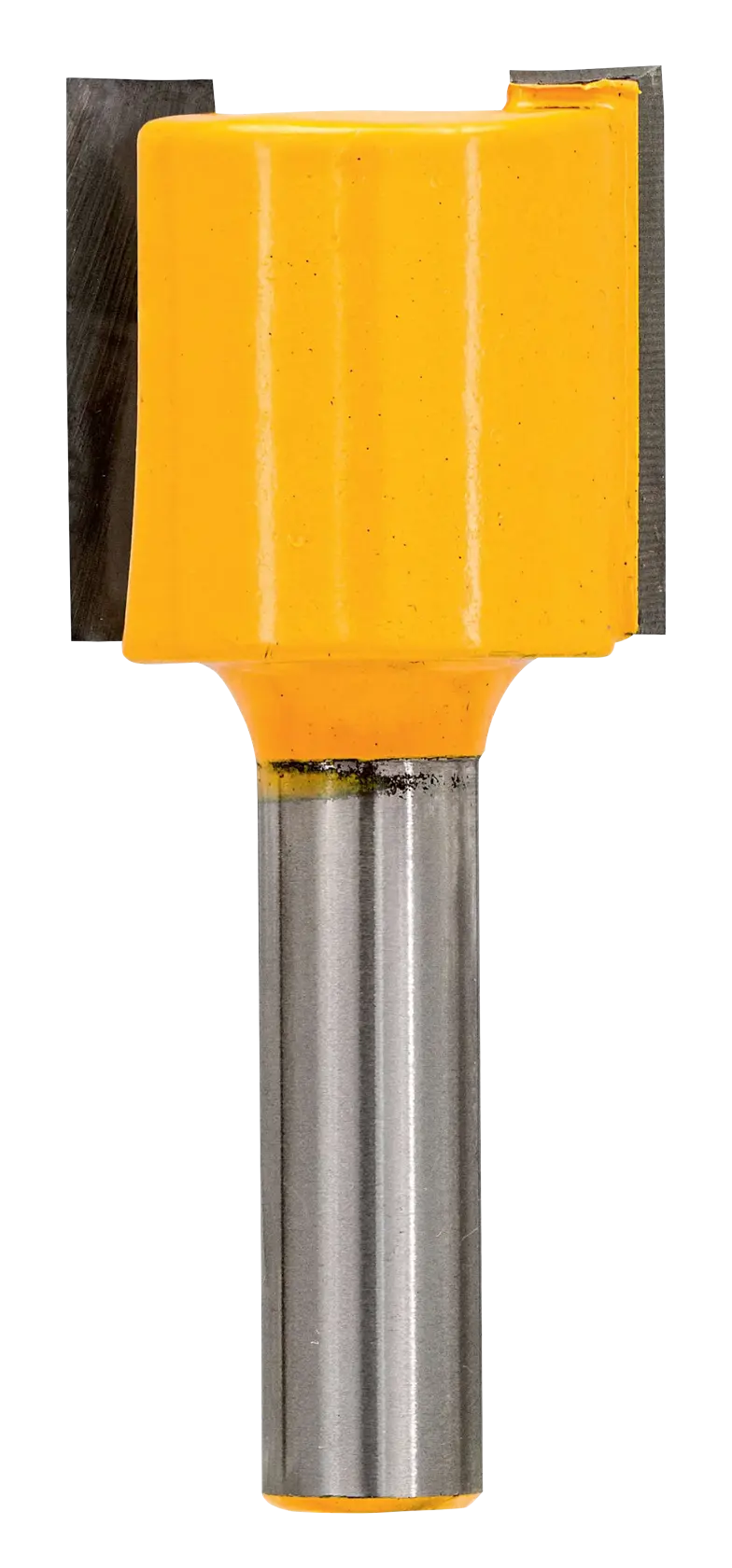 Fraise droite DEWALT avec corps jaune et tige en acier, conçue pour le travail du bois.