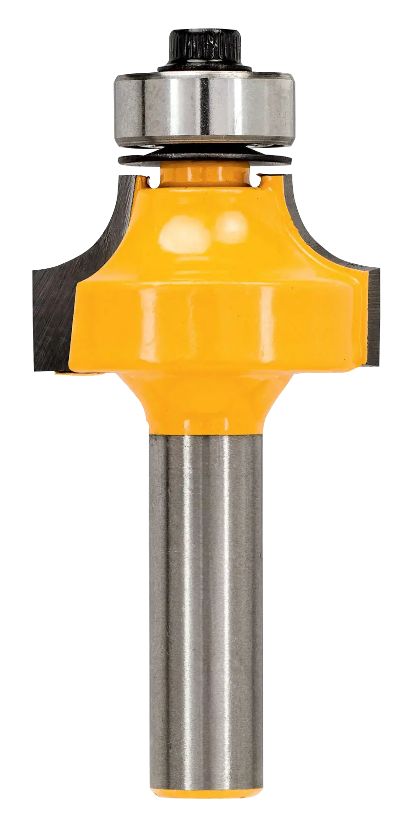Fraise DEWALT avec corps jaune et roulement, utilisée pour le travail du bois et la mise en forme des bords.