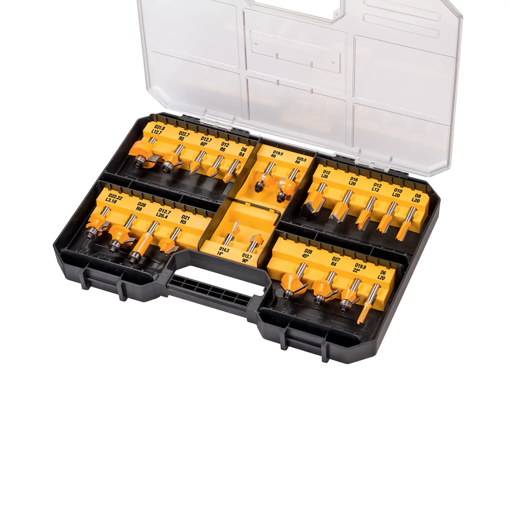 Set de mèches DEWALT dans un coffret noir à couvercle transparent, bien organisé.