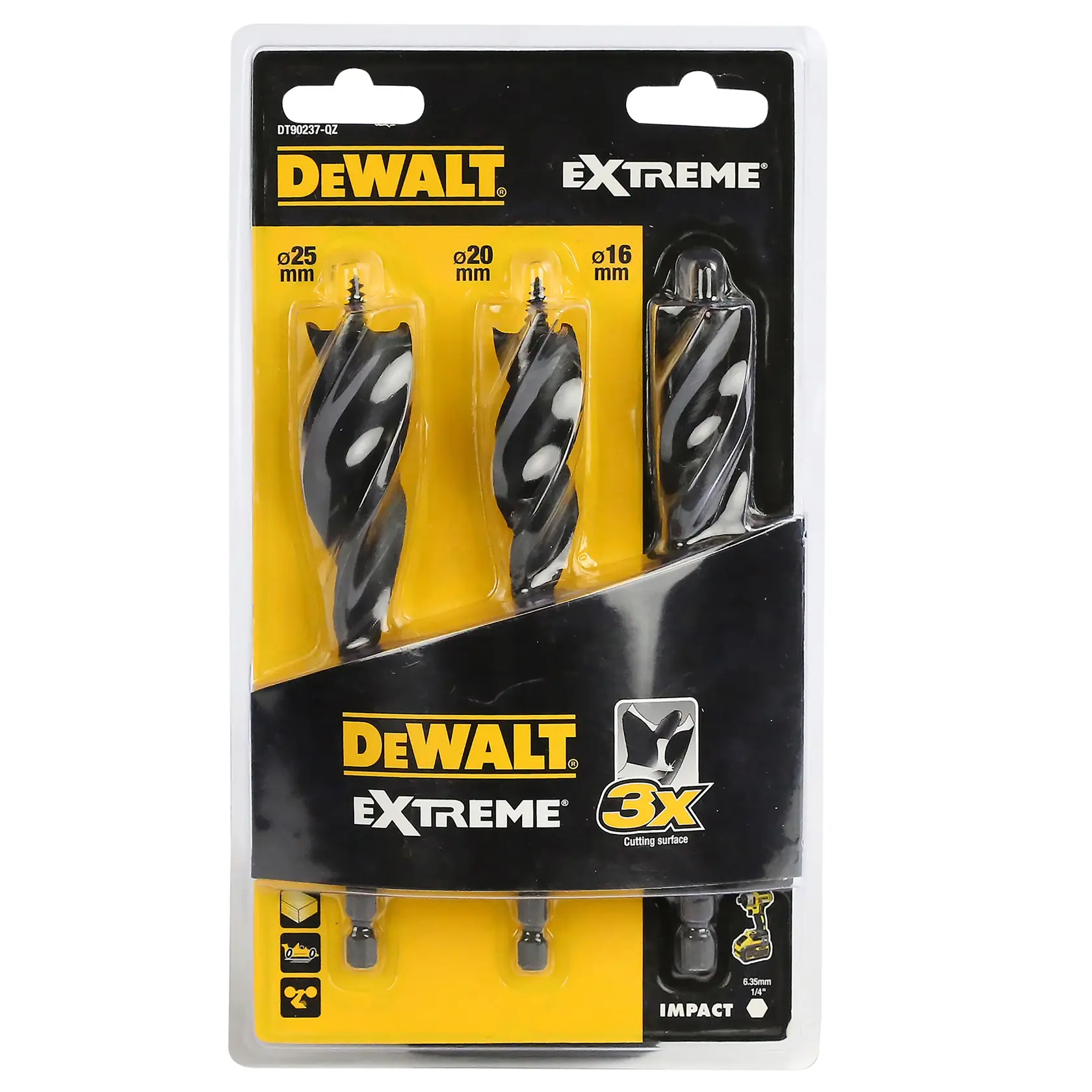 Graphique montrant la marque DEWALT XTREME Sub-Compact Series avec le slogan 'Compact et performance garantie' sur un fond jaune.