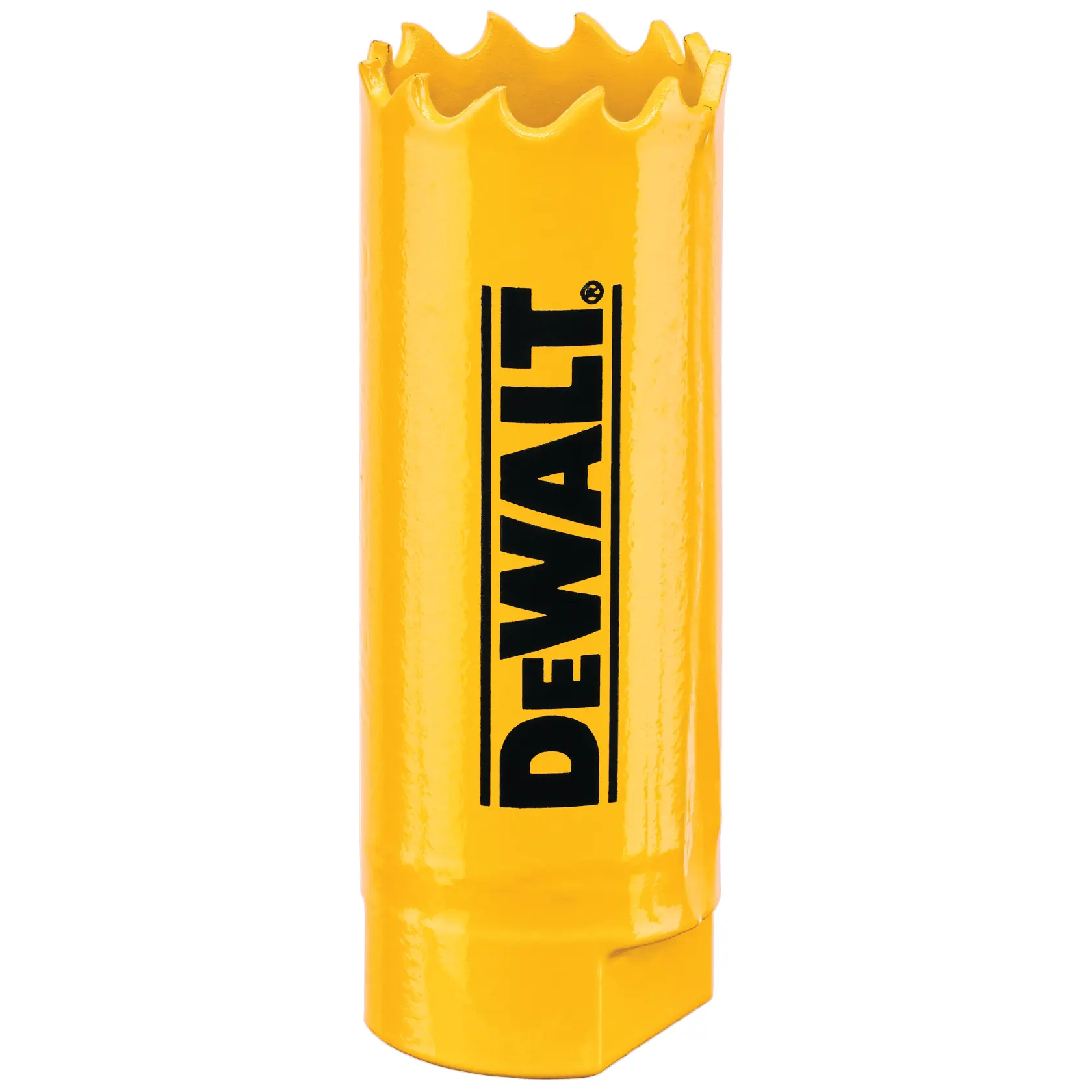 Gros plan sur une scie-cloche jaune DEWALT avec un bord de coupe dentelé et le logo DEWALT imprimé verticalement sur le côté.