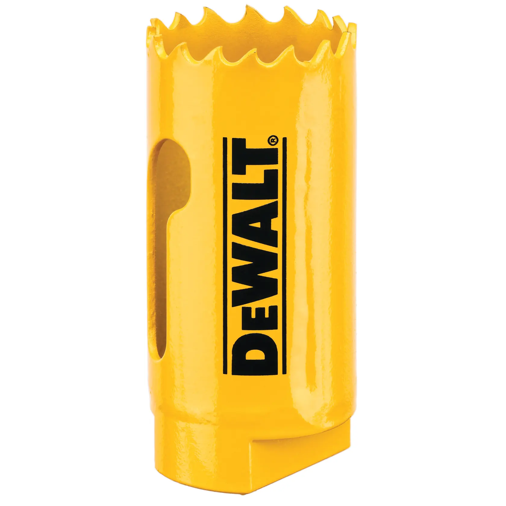 Une scie-cloche jaune DEWALT avec des bords dentelés tranchants, utilisée pour percer des trous circulaires dans différents matériaux.