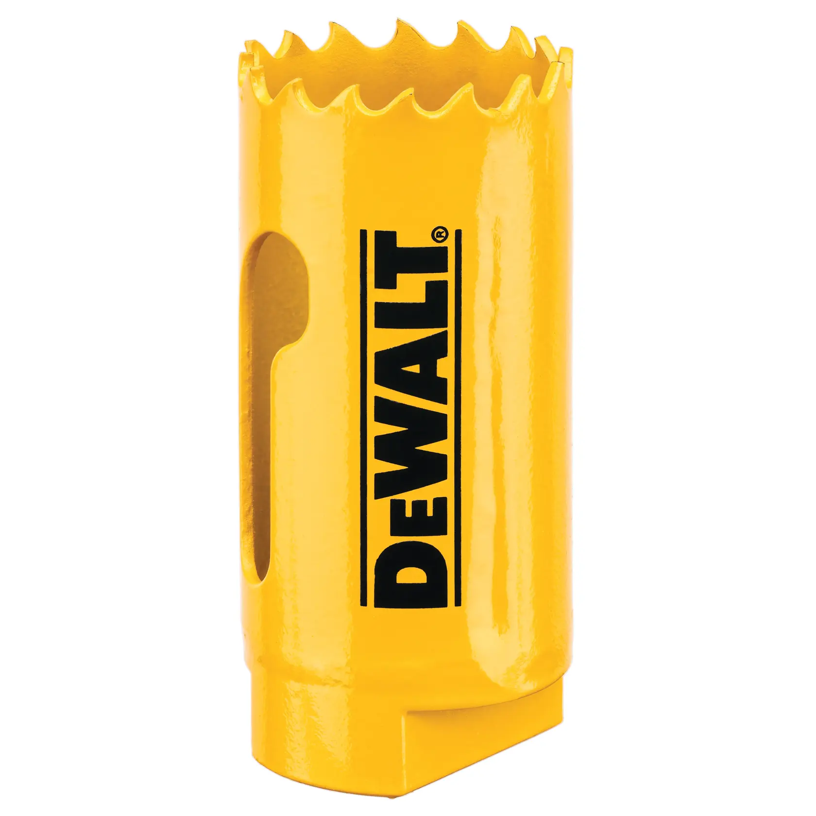 Scie cloche DEWALT jaune, DT90304-QZ et DT90304 SKUs, cylindrique à bord dentelé.