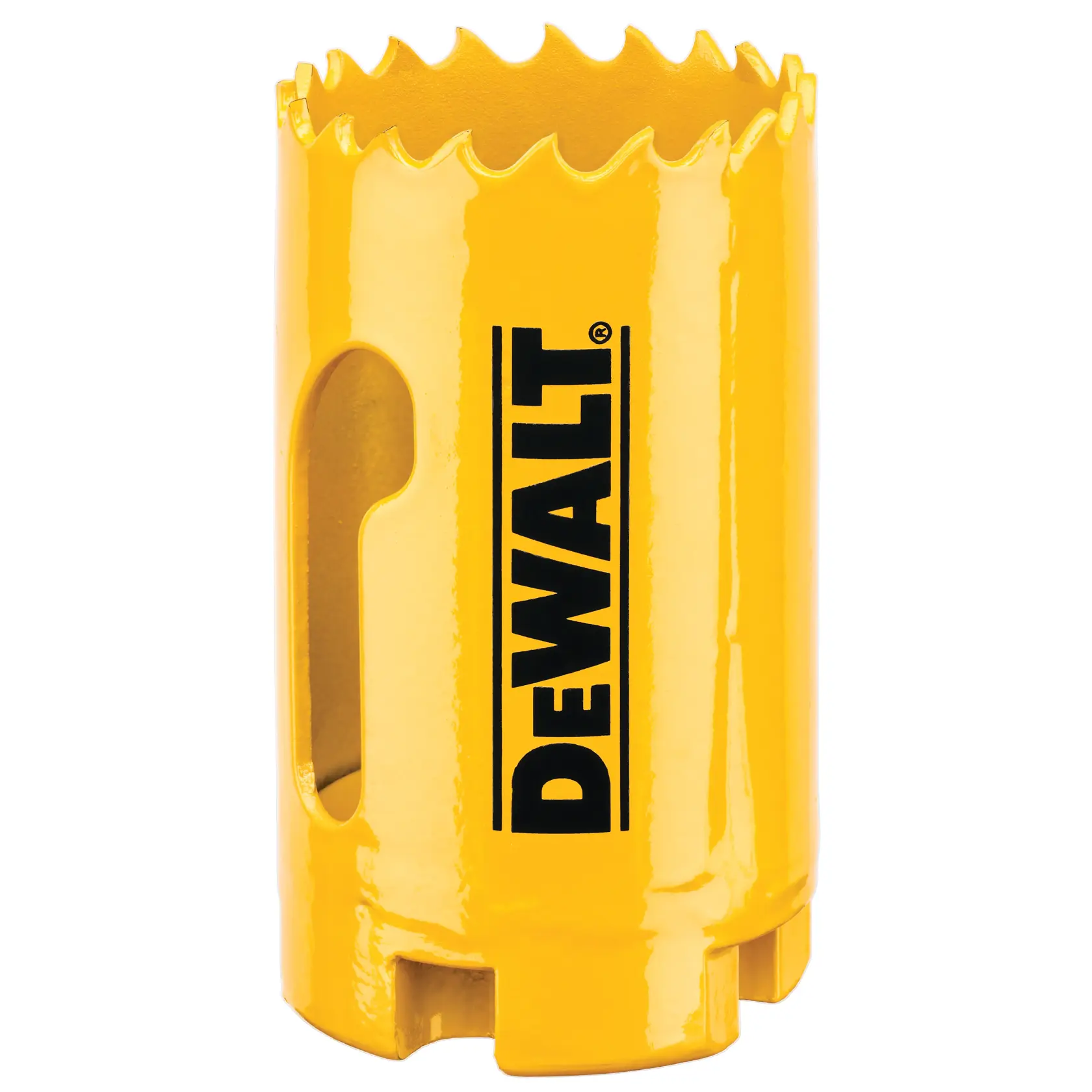 Une scie-cloche jaune DEWALT avec des dents tranchantes sur le bord supérieur, conçue pour découper des trous circulaires dans des matériaux.