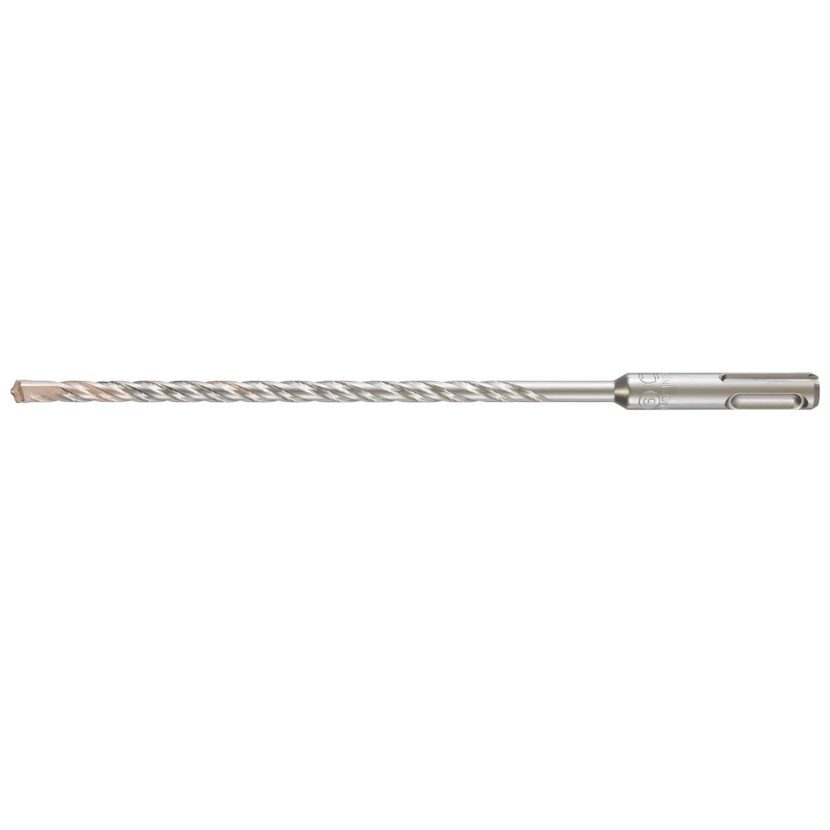 Un foret long SDS-plus argenté pour maçonnerie avec une rainure en spirale et une pointe en carbure, utilisé pour percer le béton ou la pierre.