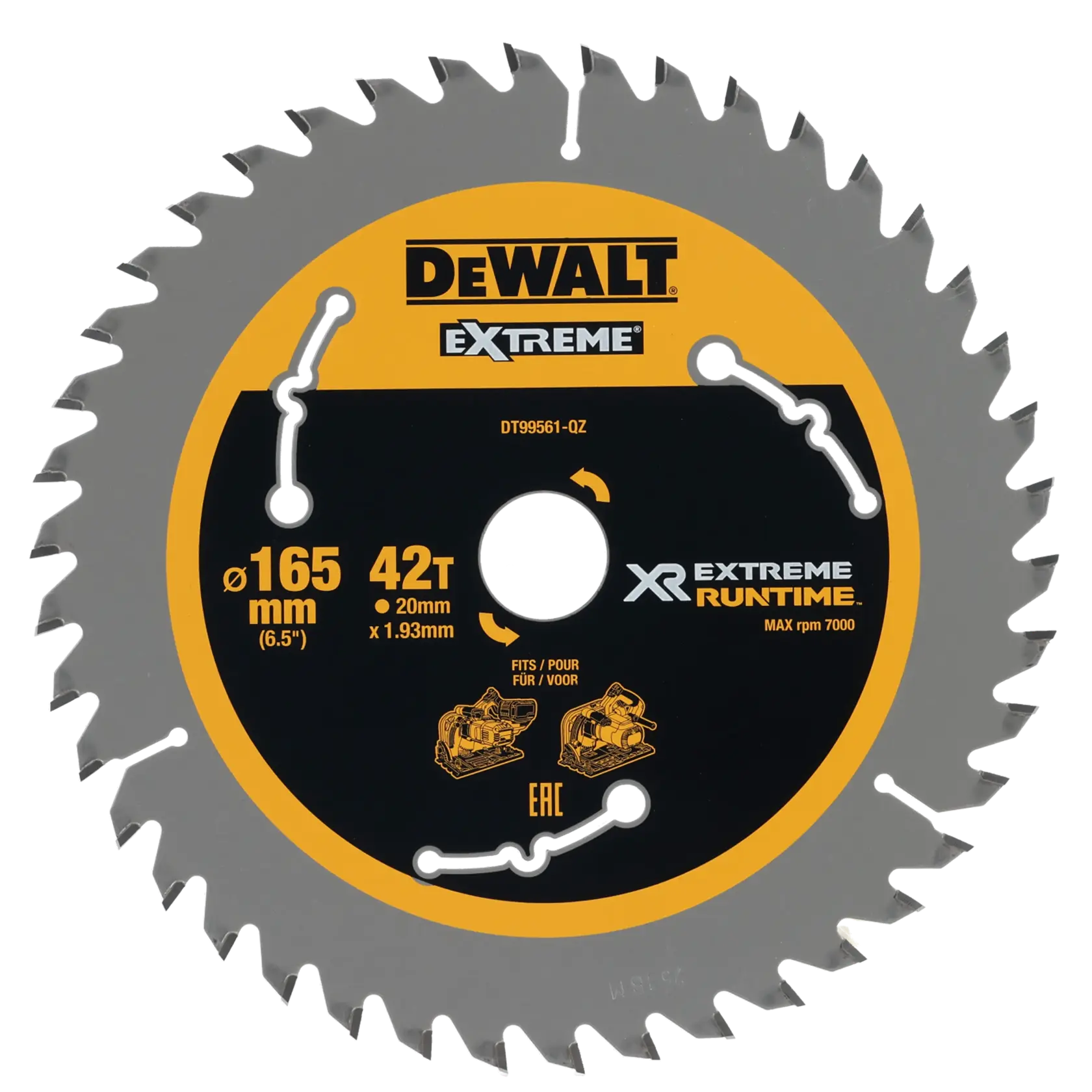 Lame de scie circulaire DEWALT DT99561, diamètre de 165 mm avec 42 dents, conçue pour une autonomie extrême et compatible avec certains modèles de scies. L'étiquette est jaune et noire avec des spécifications techniques et des illustrations.