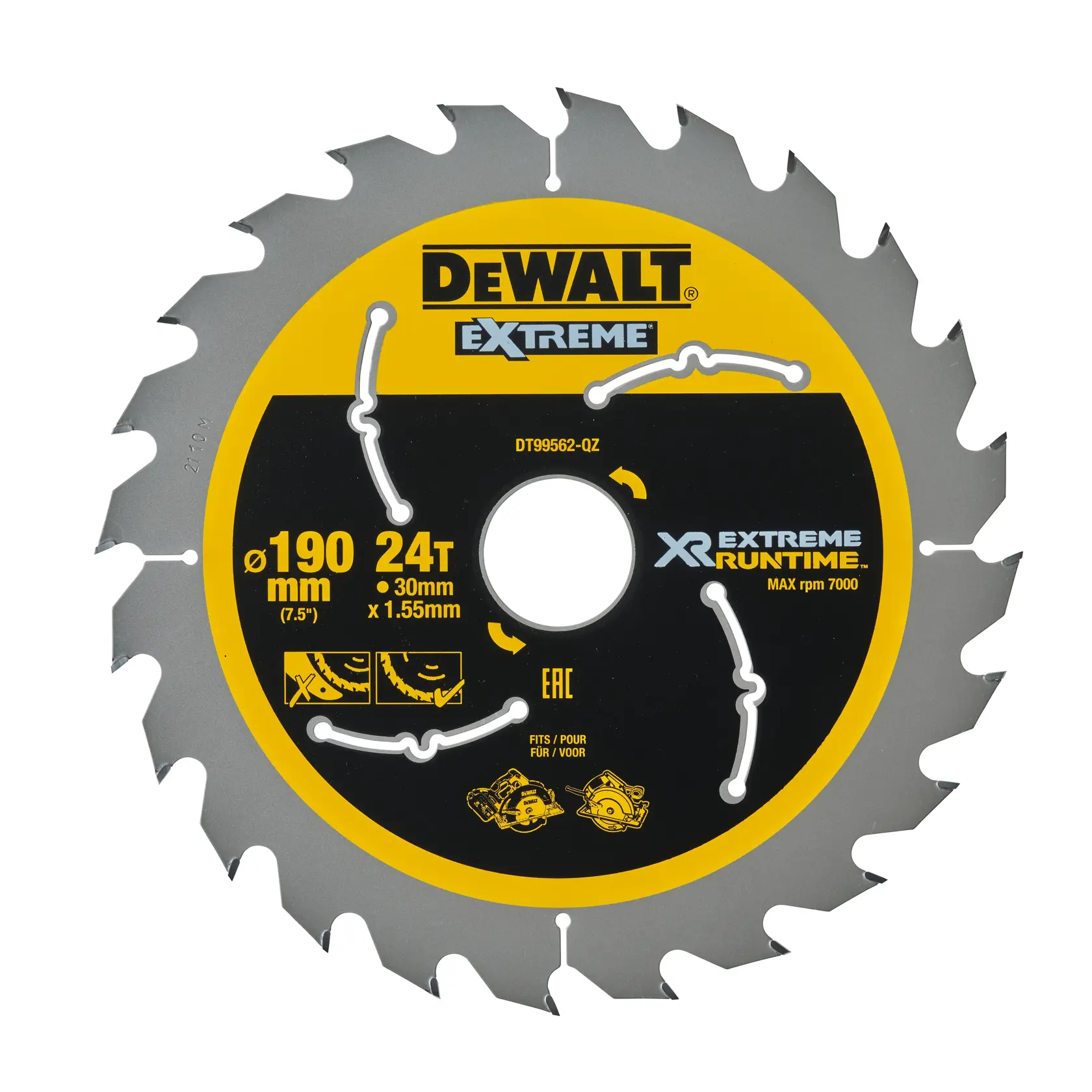 Lame de scie circulaire DEWALT EXTREME XR Extreme Runtime, diamètre 190 mm, 24 dents, alésage 30 mm, conçue pour des performances élevées avec une vitesse maximale de 7000 tr/min.