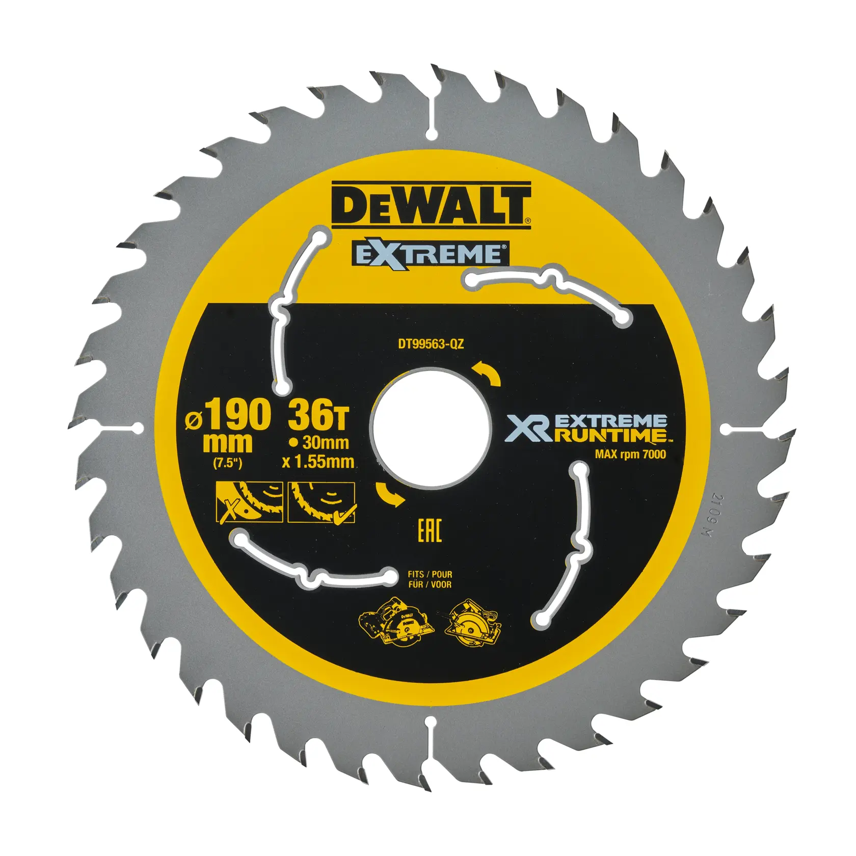 Lame de scie circulaire DEWALT EXTREME XR RUNTIME, diamètre 190 mm, 36 dents, modèle DT99563-QZ. Convient pour le travail du bois, vitesse maximale de 7000 tr/min.