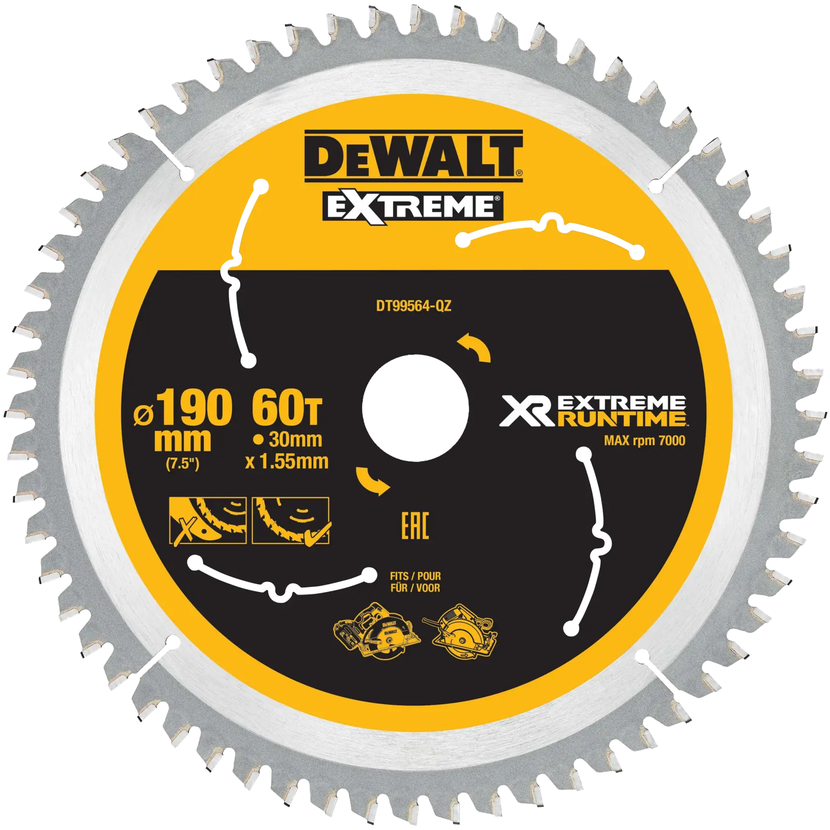 Lame de scie circulaire DEWALT Extreme de 190 mm avec 60 dents pour XR Extreme Runtime. La lame est jaune et noire, marquée avec une vitesse maximale de 7000 tr/min, un alésage de 30 mm et une épaisseur de 1,55 mm. Convient pour les scies circulaires et à onglets.