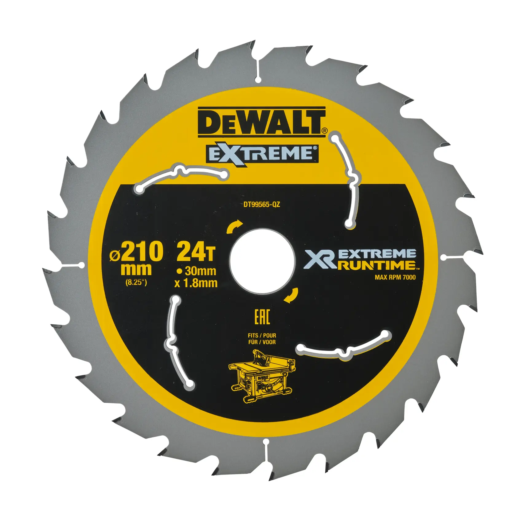 Une lame de scie circulaire DEWALT Extreme XR, modèle DT99565, avec 24 dents, un diamètre de 210 mm, un alésage de 30 mm et une épaisseur de 1,8 mm. La lame est conçue pour le travail du bois, indiquée avec une autonomie extrême et adaptée aux scies à table.