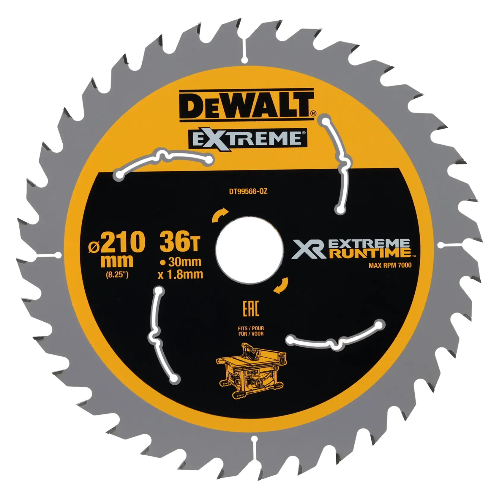 Lame de scie circulaire DEWALT Extreme, diamètre 210 mm, 36 dents, alésage 30 mm, adaptée aux scies sur table, marquée XR Extreme Runtime, modèle DT99566.