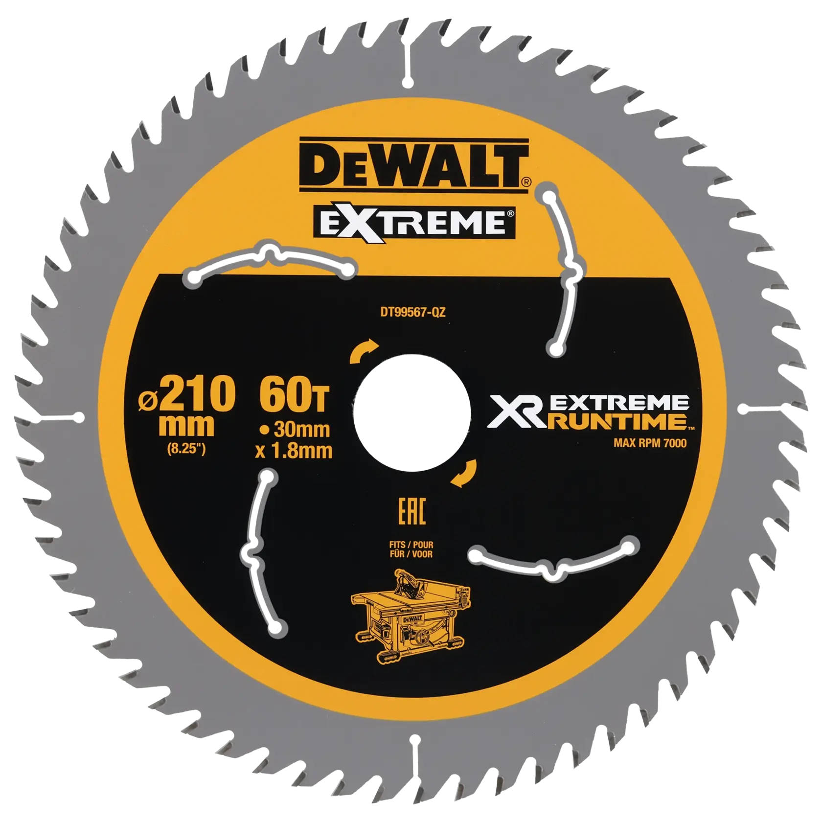 Lame de scie circulaire DEWALT Extreme XR Runtime, modèle DT99567, avec 60 dents, diamètre 210 mm, alésage 30 mm, épaisseur 1,8 mm, et vitesse maximale de 7000 RPM. La lame présente un design gris et jaune et convient aux scies sur table.