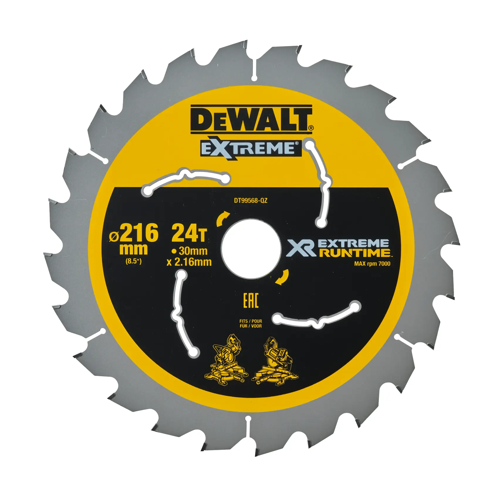 Lame de scie DEWALT Extreme XR Runtime, 216 mm, 24 dents, pour outils de coupe, noire et jaune, DT99568.