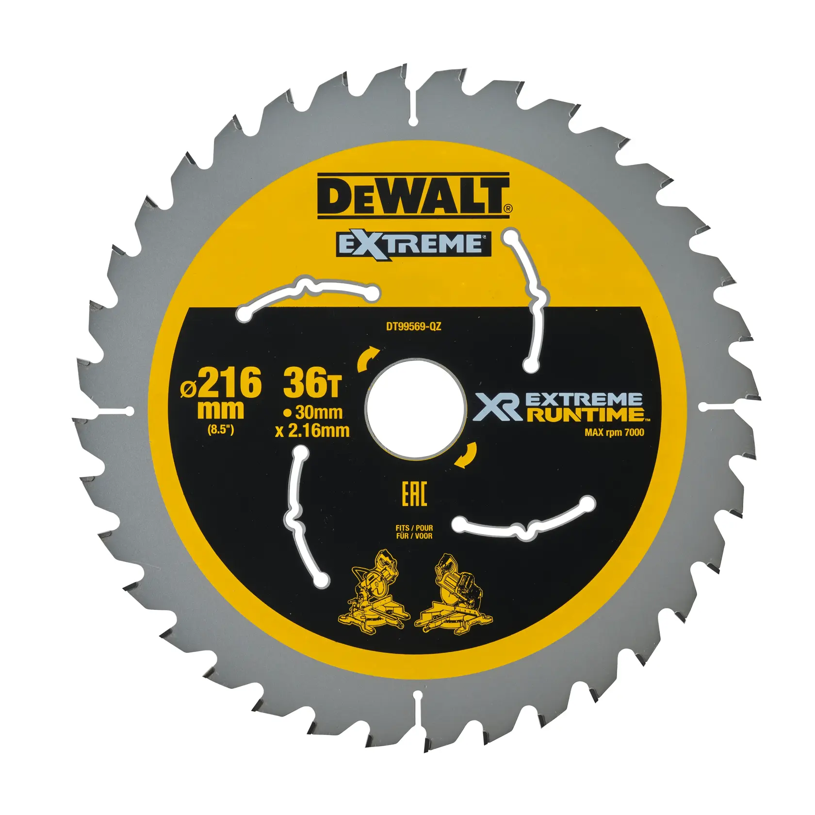 Lame de scie DEWALT DT99569, diamètre 216mm, 36 dents, design jaune et noir pour bois.