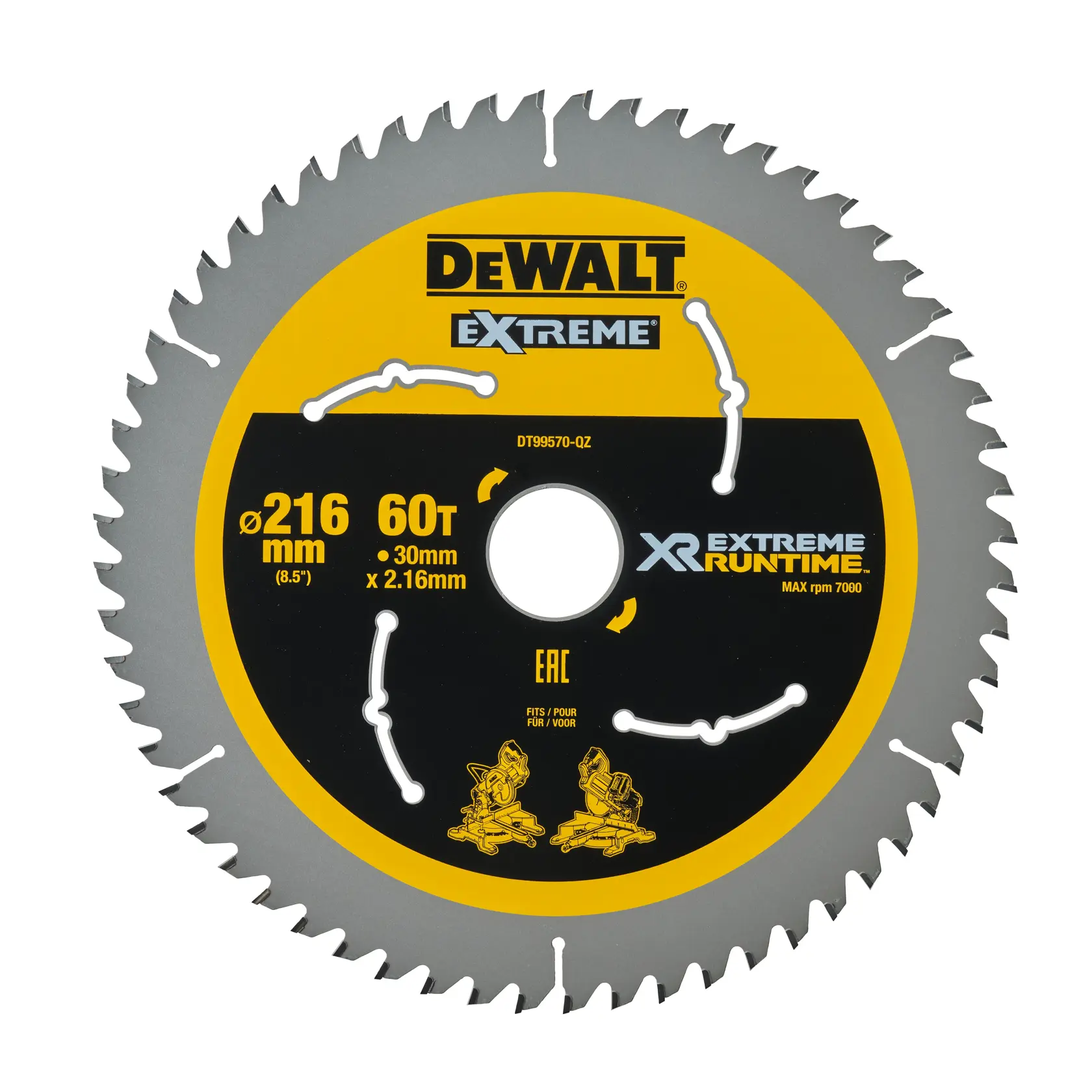 Lame de scie circulaire DEWALT DT99570 avec 60 dents, diamètre de 216 mm et alésage de 30 mm, conçue pour une autonomie XR extrême et des performances élevées, avec une marque et des spécifications en jaune et noir sur le devant.
