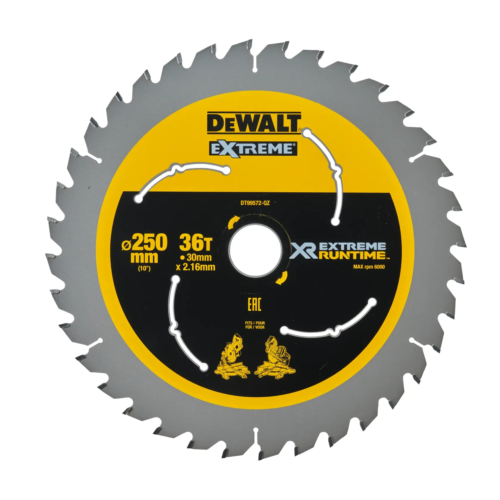 Lame de scie circulaire DEWALT 250mm, 36 dents, XR Extreme Runtime, design noir et jaune.