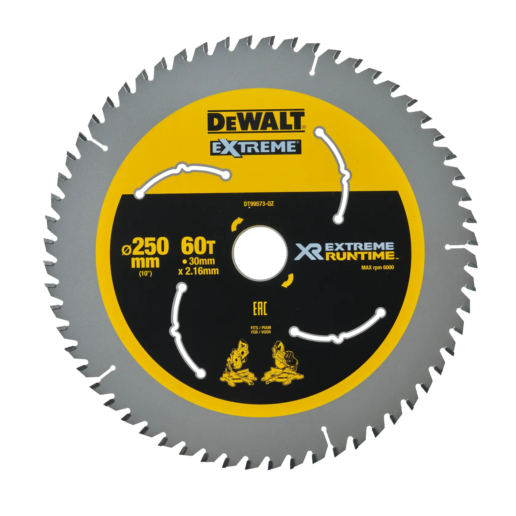 Lame de scie DEWALT DT99573 Extreme XR, diamètre 250mm, 60 dents, coupe bois, max 6000 tr/min.