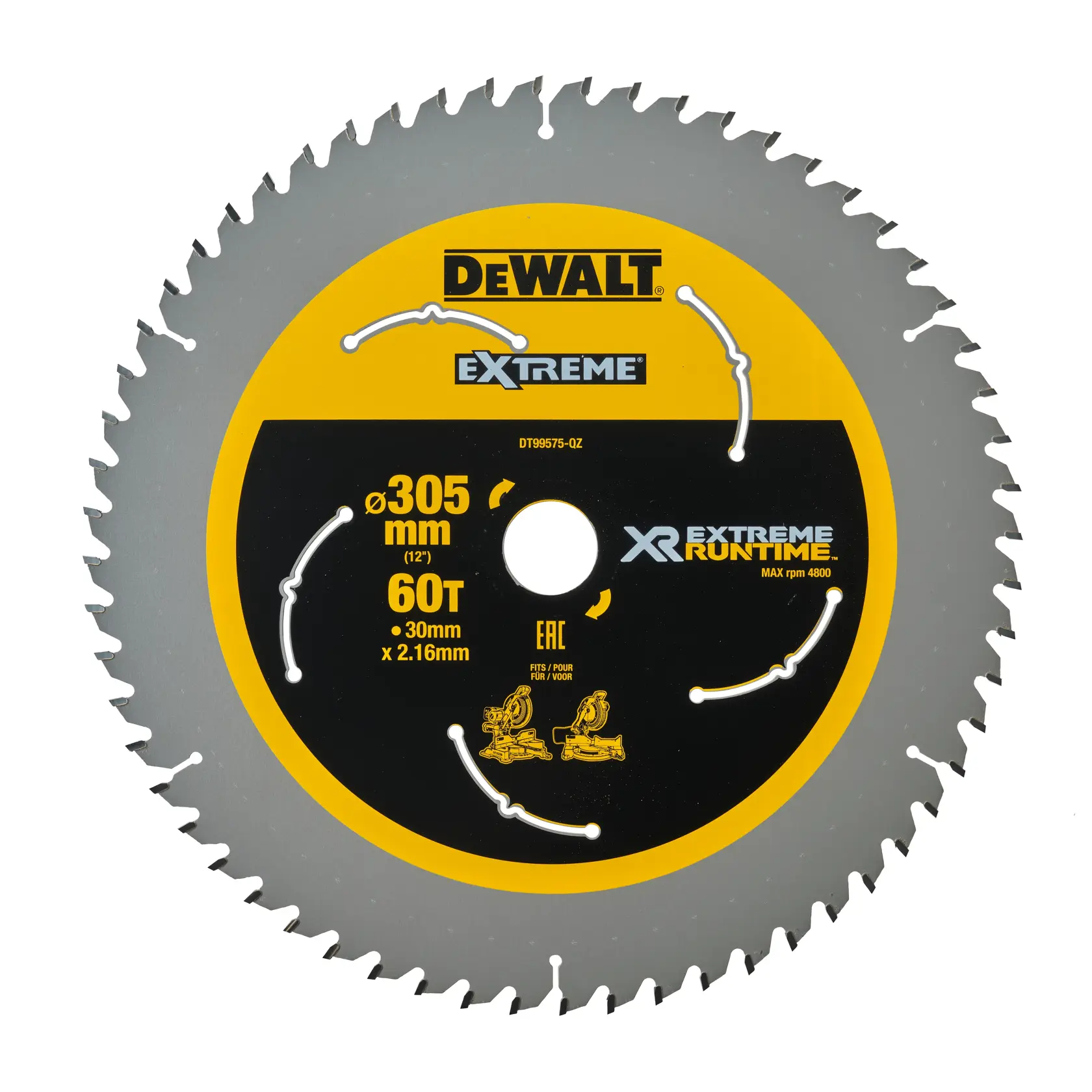Lame de scie circulaire DEWALT Extreme XR avec 60 dents, diamètre de 305 mm, et taille de 30 mm x 2,16 mm. La lame est argentée avec un centre jaune et noir, adaptée au travail du bois et aux scies électriques.
