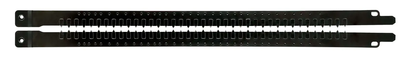 Deux bandes métalliques noires avec des clips, présentées côte à côte sur fond blanc.