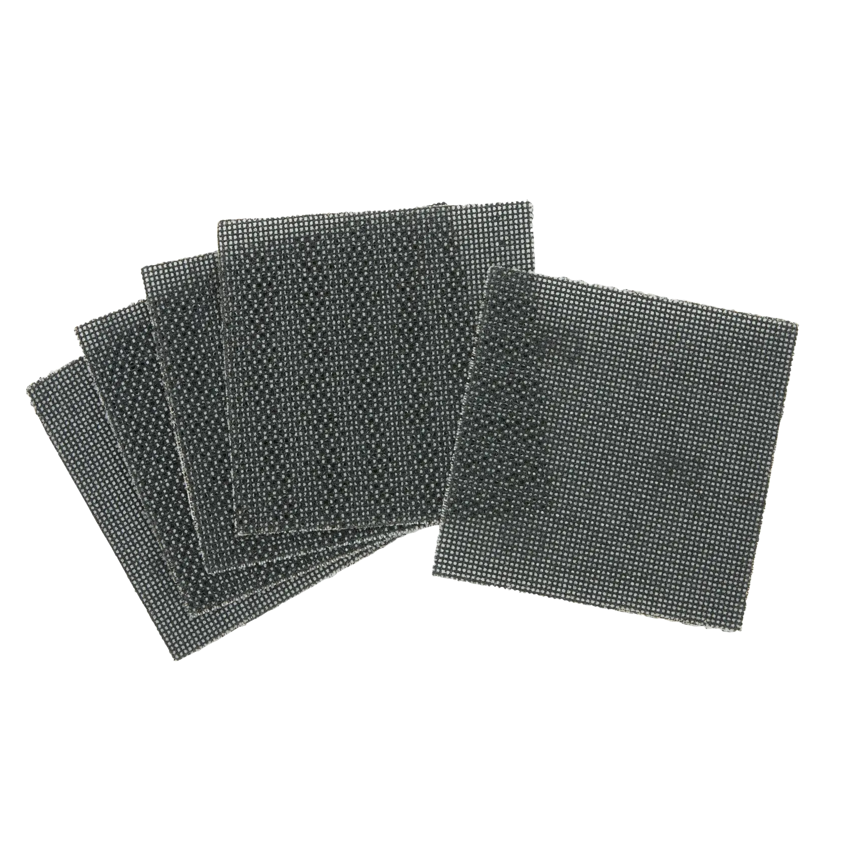 Ensemble de cinq feuilles abrasives carrées en maille, disposées en chevauchement sur fond blanc.
