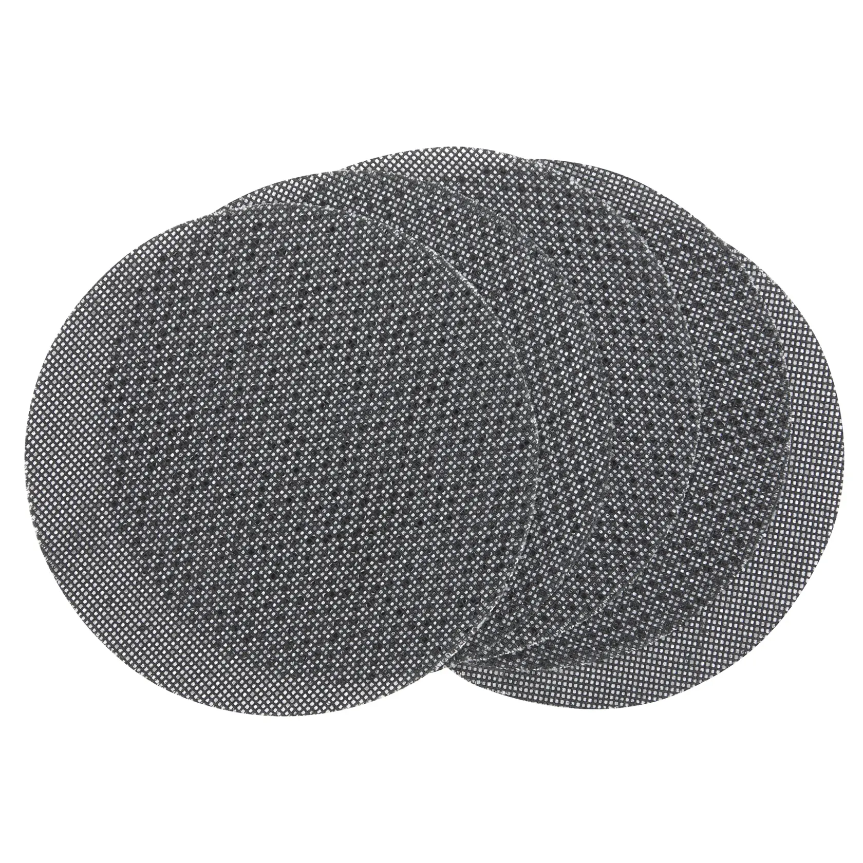Quatre disques abrasifs en maille de forme ronde, empilés et superposés, présentés sur un fond blanc.