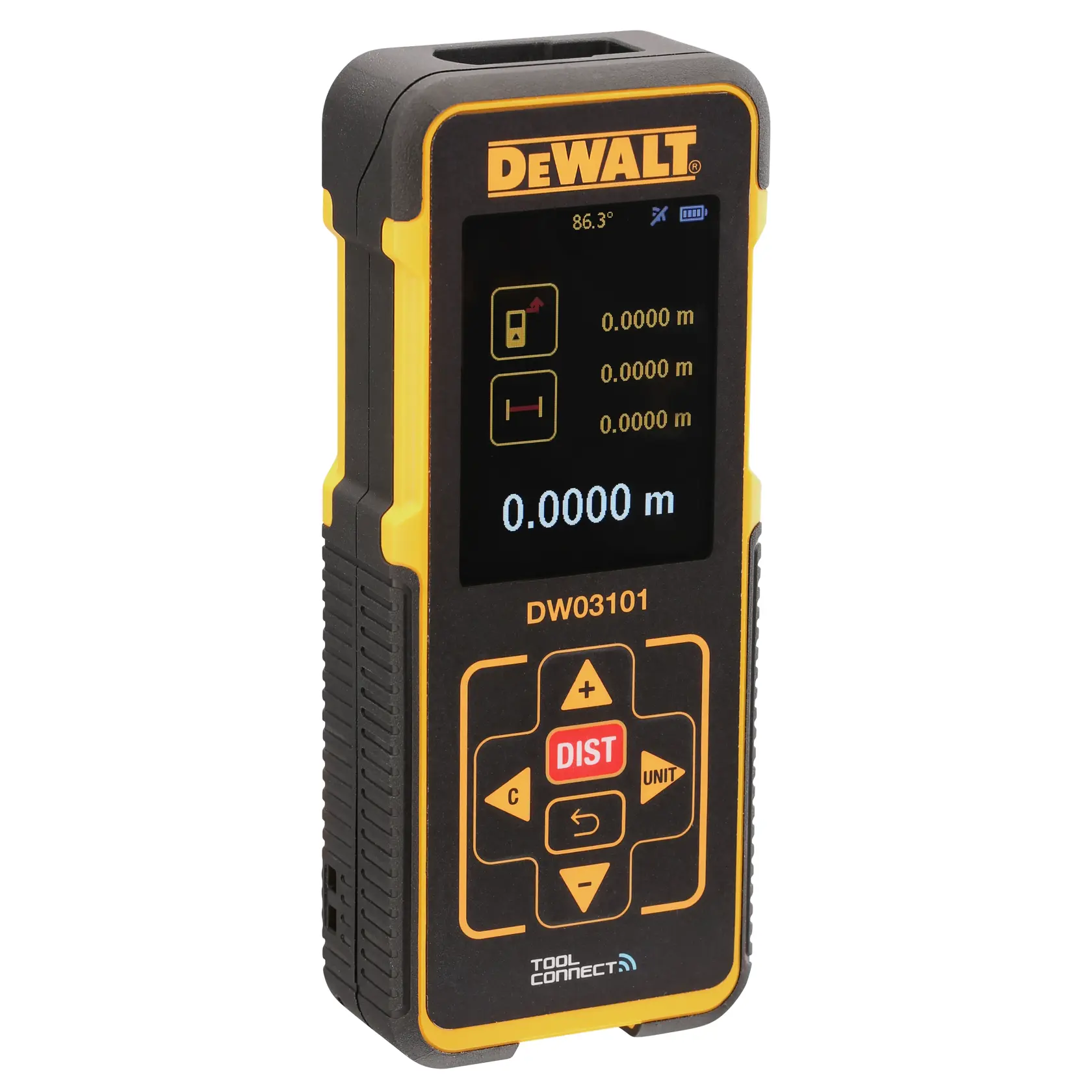 Un télémètre laser DEWALT DW03101 avec un écran numérique, un boîtier noir et jaune, et des boutons de contrôle pour mesurer la distance.