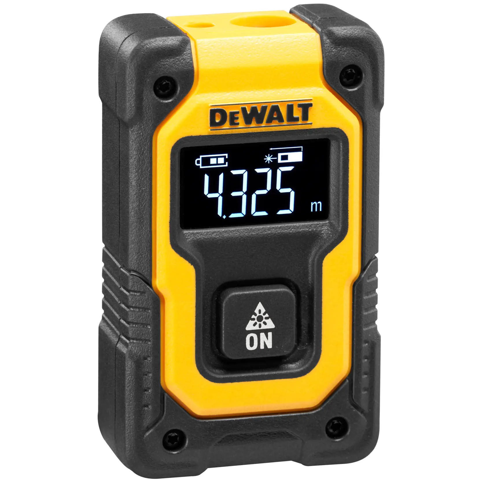Un télémètre laser jaune et noir de marque DEWALT avec un écran numérique affichant 4,325 mètres et un bouton ON sous l'écran.