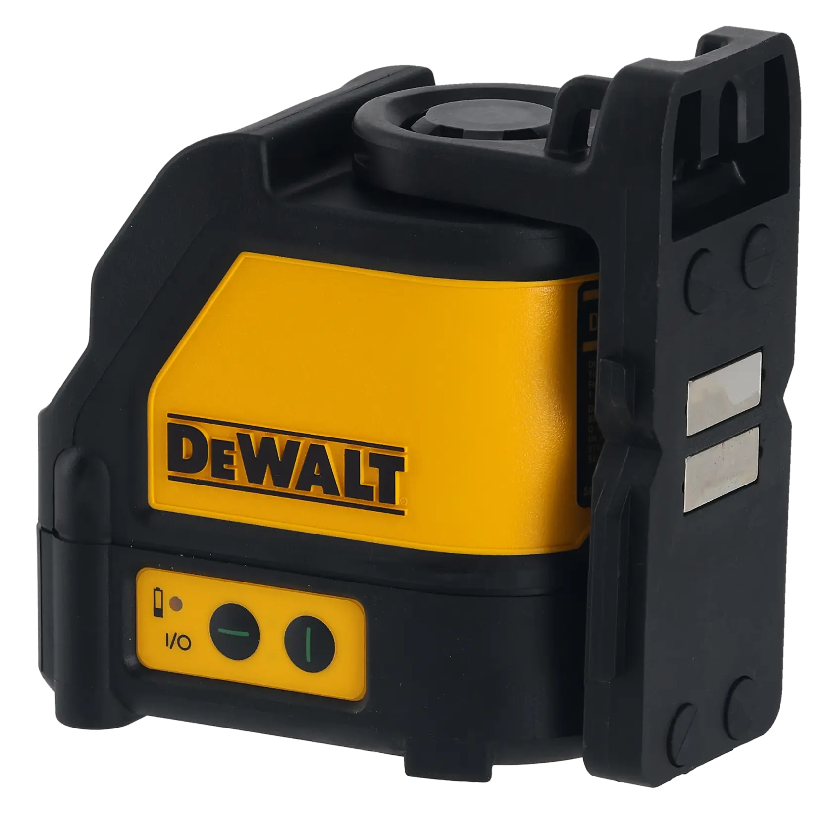 Un niveau laser à lignes croisées vertes DEWALT DW088CG avec un boîtier robuste jaune et noir, montrant des boutons de contrôle et le logo DEWALT sur le côté.