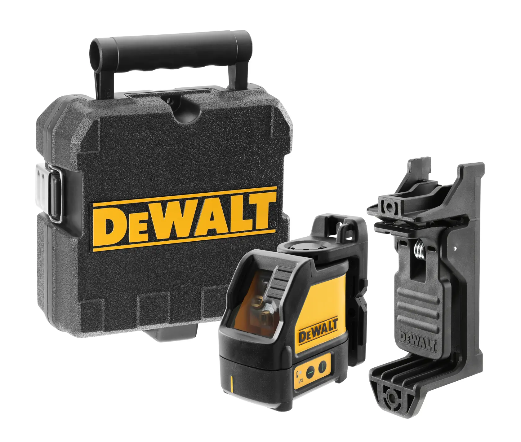 Kit niveau laser à lignes croisées vertes DEWALT, comprenant une mallette de transport noire robuste, le dispositif de niveau laser et un support de montage.