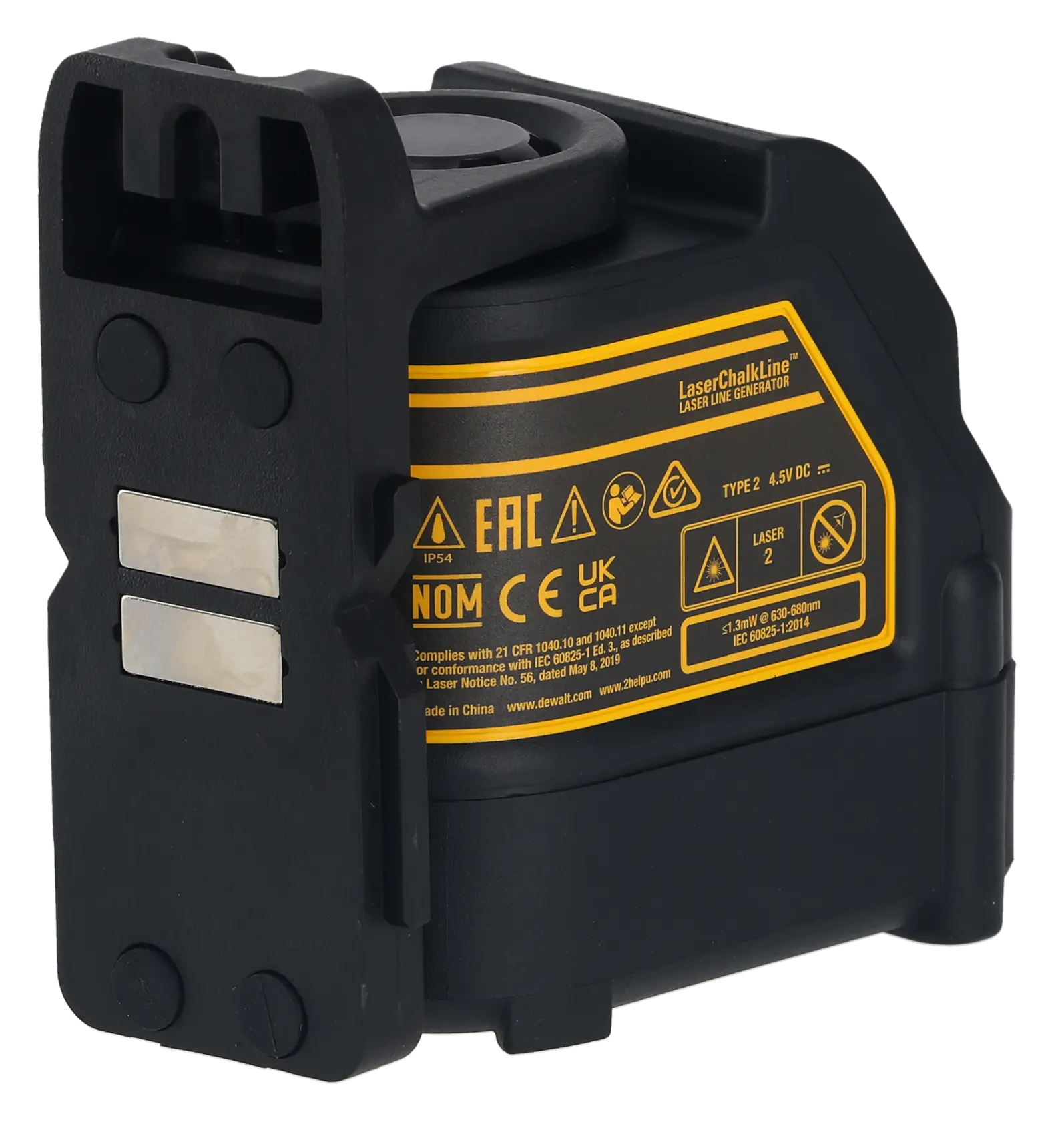 Gros plan sur un appareil DEWALT montrant un bouton indicateur d’autonomie de batterie jaune avec un texte indiquant « INDICATEUR DE VIE DE LA BATTERIE. Sachez quand il faut recharger lorsque la batterie est faible. »