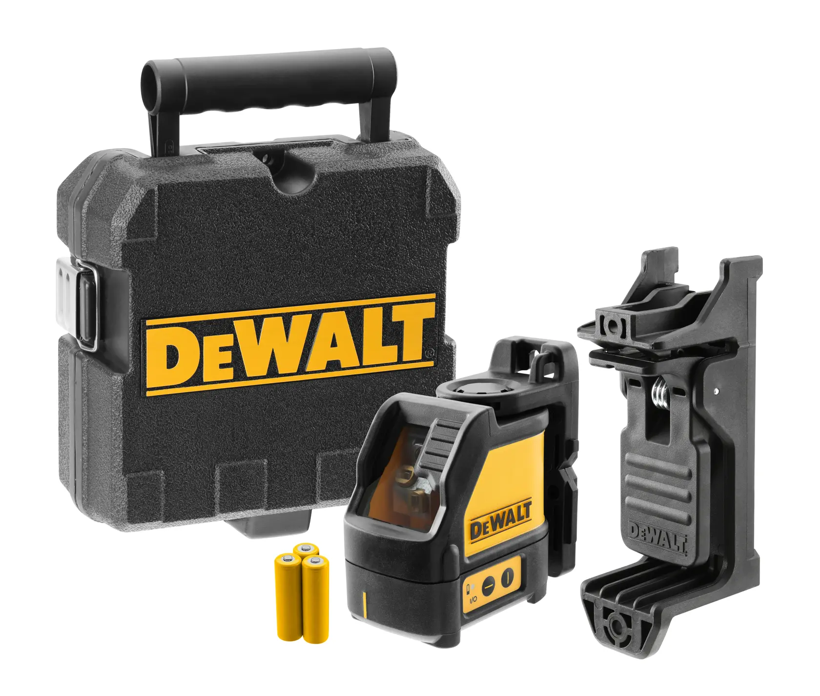 Kit niveau laser à lignes croisées DEWALT DW088K, comprenant une mallette de transport noire avec logo DEWALT, deux piles jaunes, l'appareil de niveau laser et un support de montage noir.