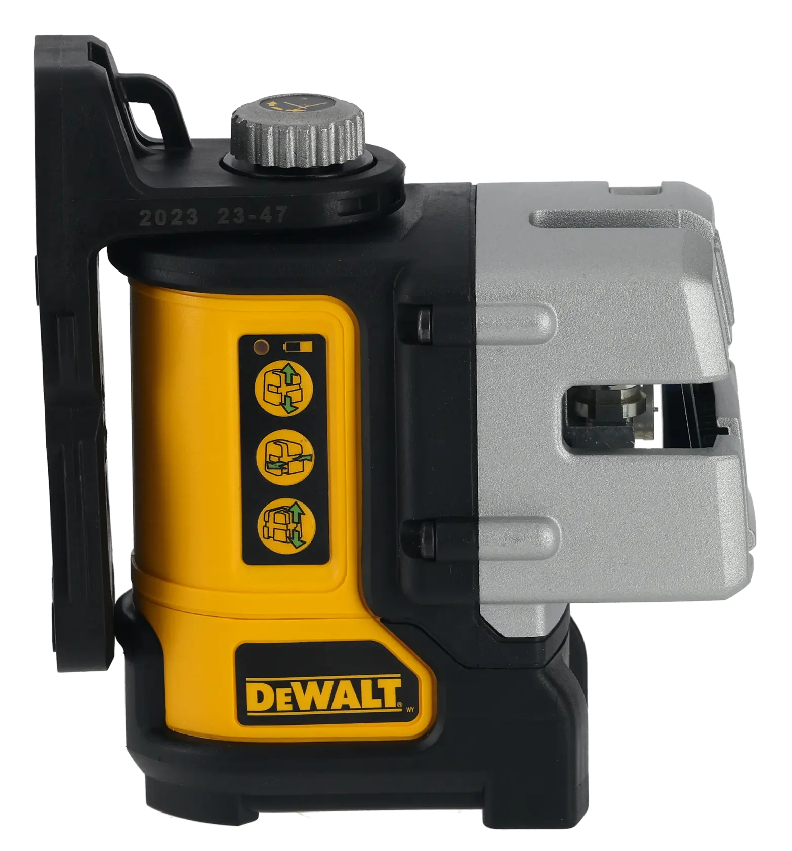 Vue latérale d’un niveau laser à ligne croisée à faisceau vert DEWALT DW089CG, avec un corps jaune et noir et un composant argenté. Le produit comporte trois icônes d'indicateur et une molette de contrôle en haut.
