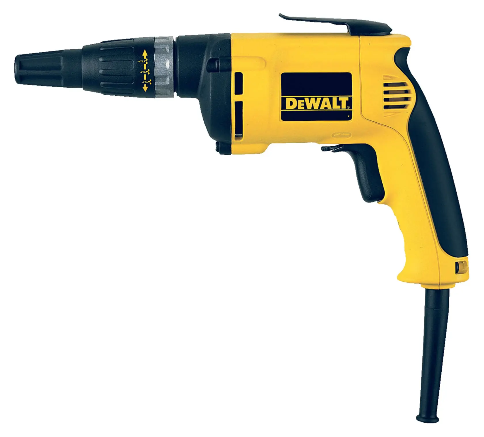 Tournevis électrique DEWALT jaune et noir avec poignée ergonomique, vu de côté sur fond blanc.