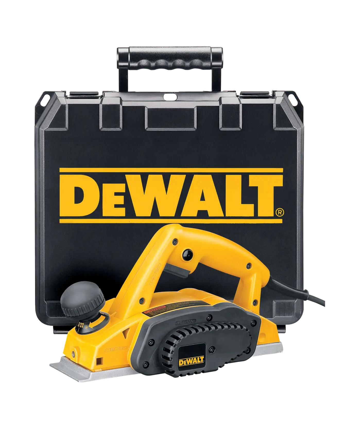Un rabot électrique manuel jaune DEWALT placé devant une valise noire DEWALT.