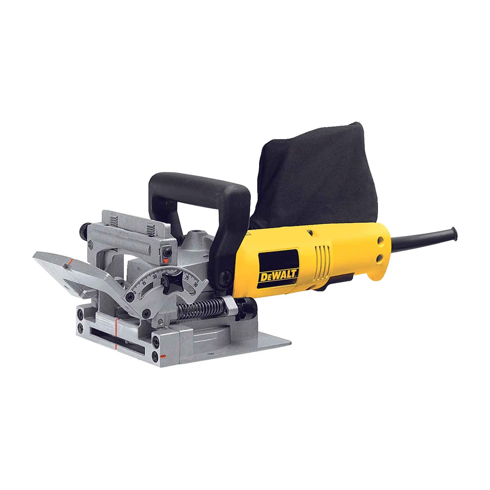 Outil de menuiserie DEWALT DW682K-QS, DW682K. Corps jaune, poignée, sac à poussière. Photographie.