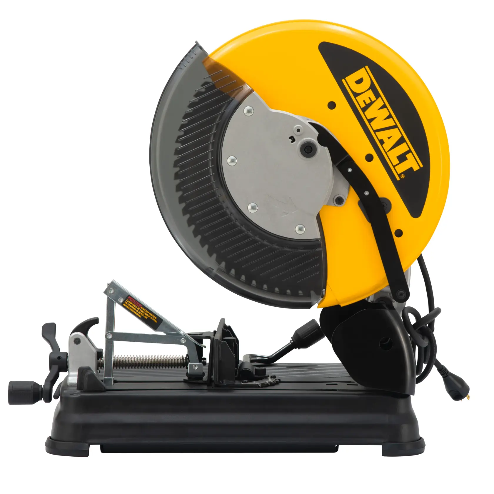 Vue latérale d'une scie à métaux DEWALT DW872 avec un protège-lame jaune et une base noire. L'outil est conçu pour des applications de coupe de métal précises et intensives.