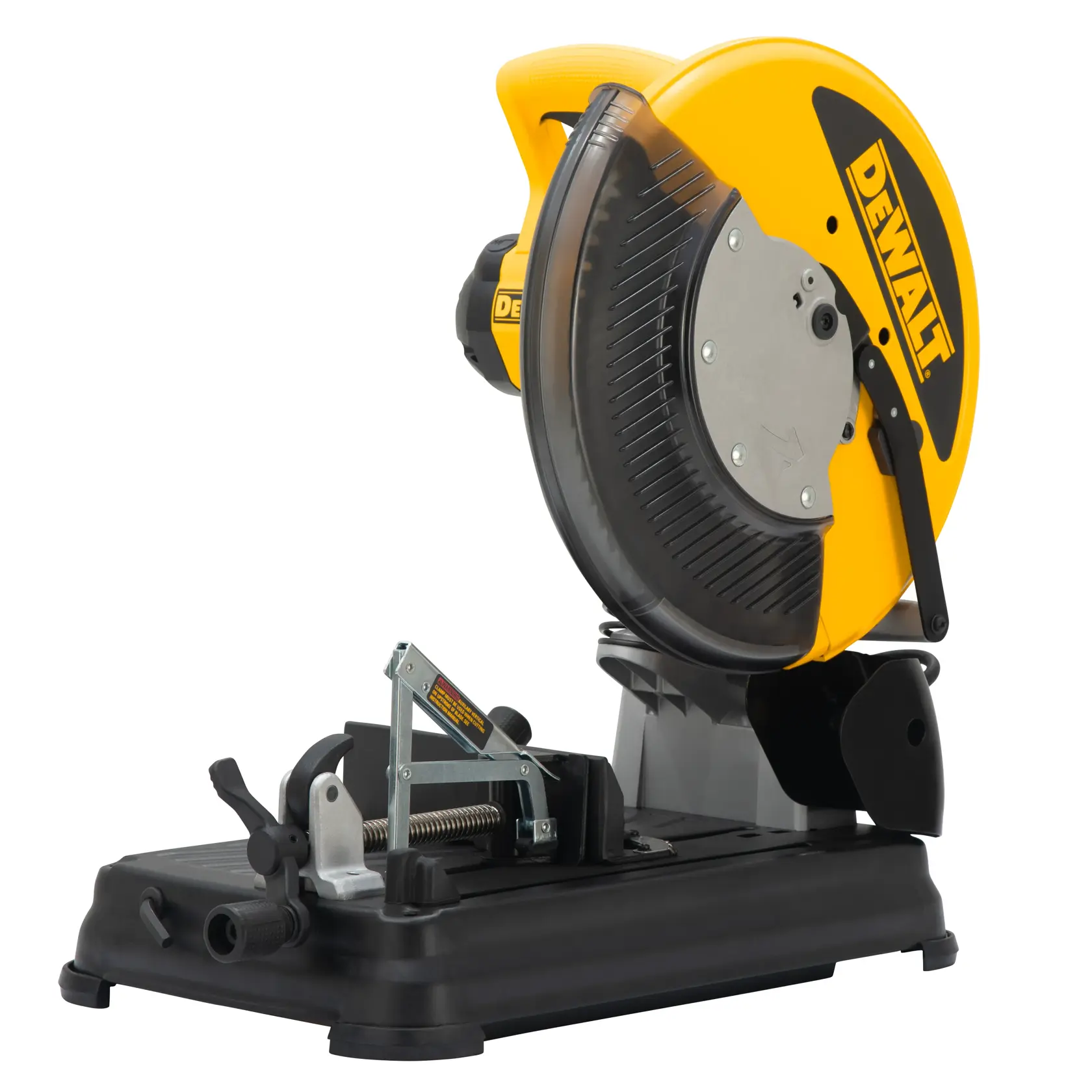 Une scie à métaux DEWALT DW872 avec un corps jaune et noir, équipée d'une lame circulaire et d'une base robuste pour fixer les pièces à travailler.