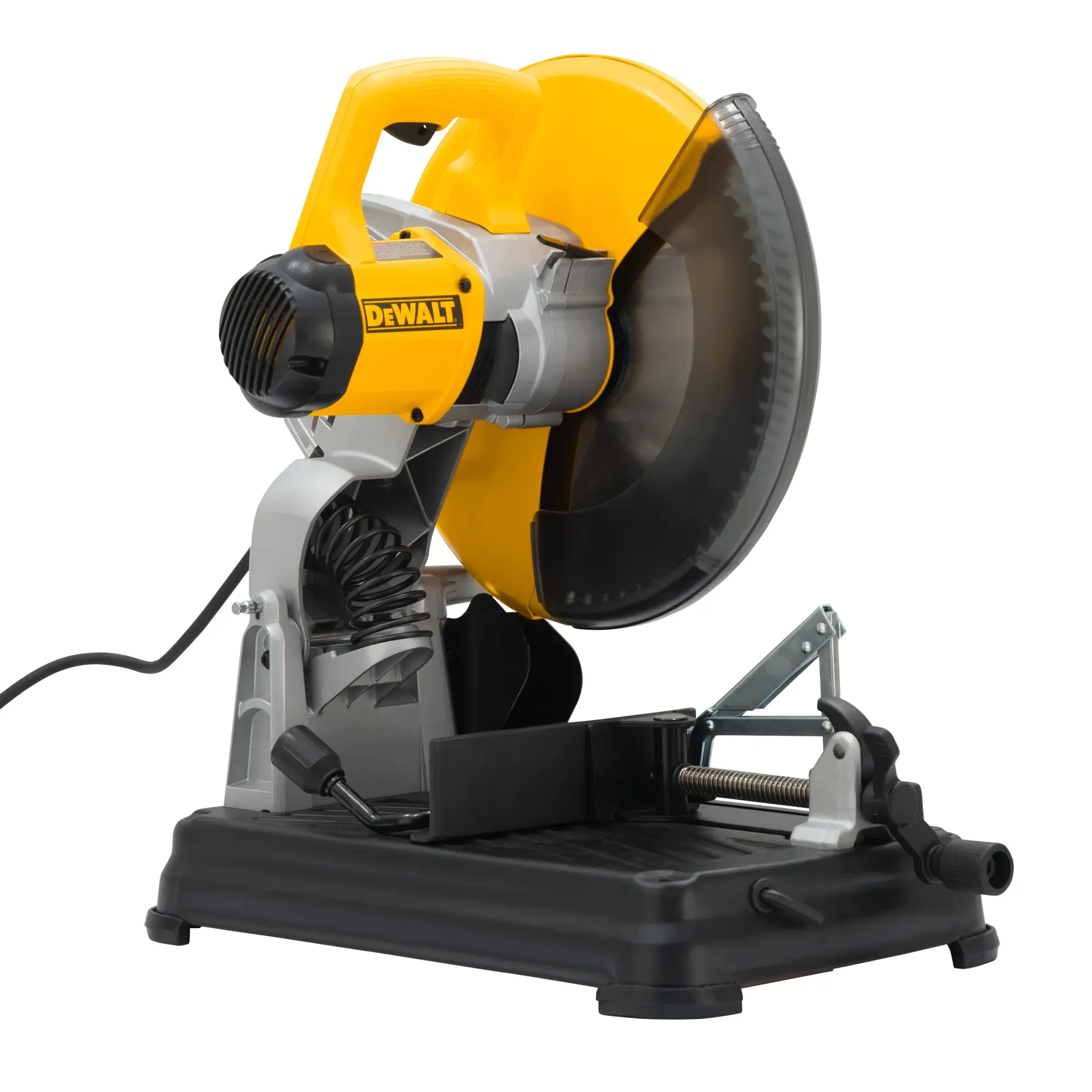Une scie à métaux DEWALT DW872 au design jaune et noir, avec une grande lame circulaire et une base solide.