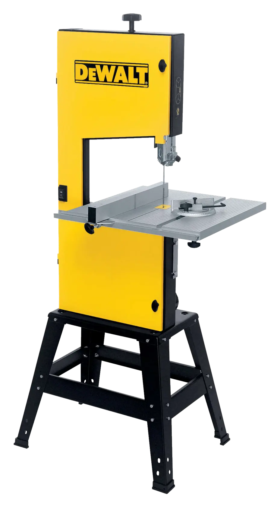 Scie à ruban DEWALT DW876 jaune et noire sur support, conçue pour la coupe de précision du bois.