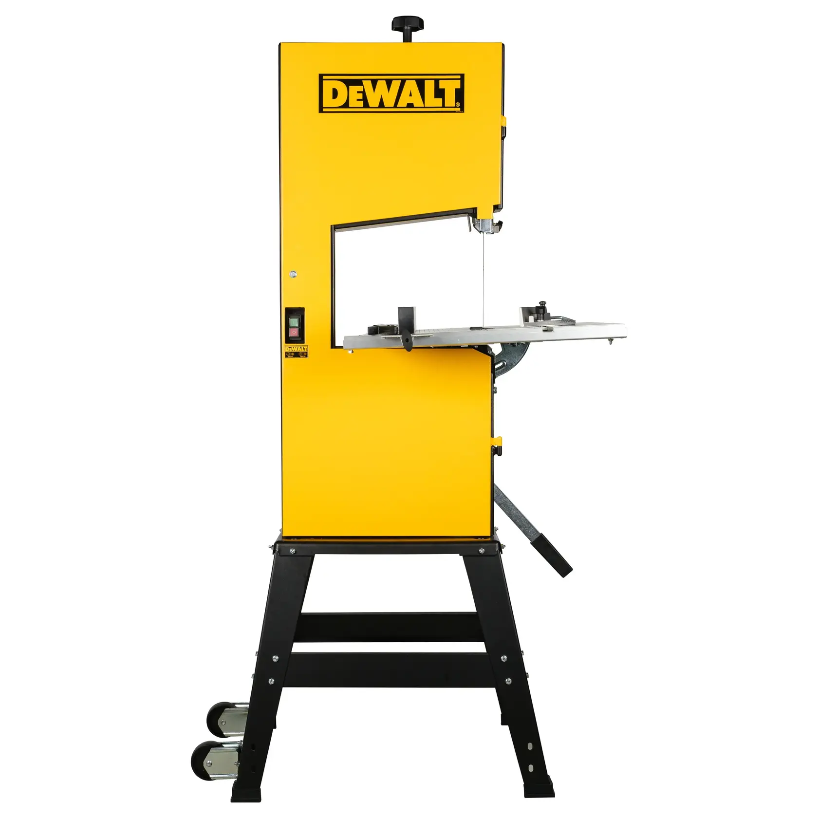 Photo de la scie à ruban jaune DEWALT DW876 sur support, vue latérale, accents noirs et argentés.