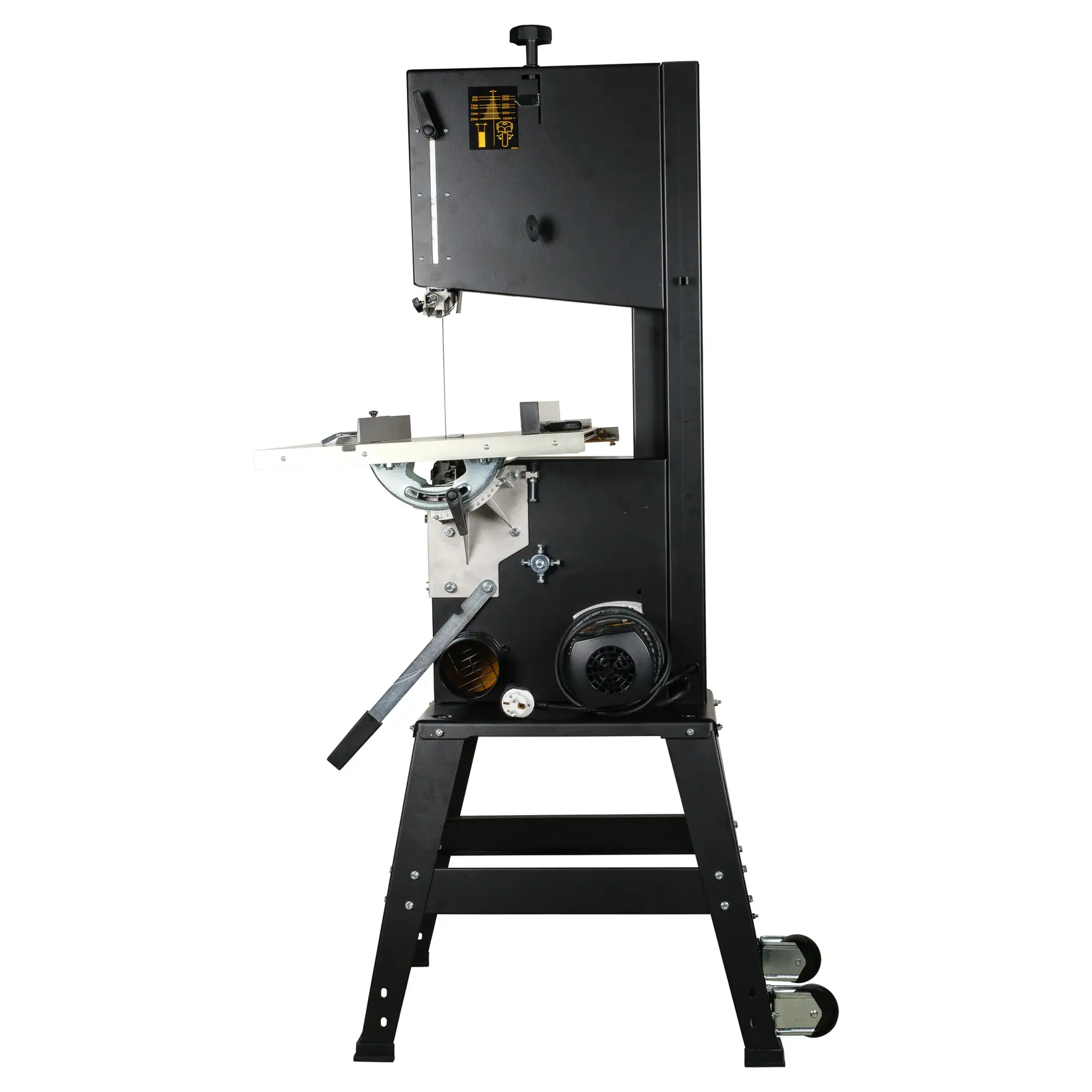 Photo de la scie à ruban DEWALT DW876 en métal noir, vue latérale, sur support, outil de menuiserie.