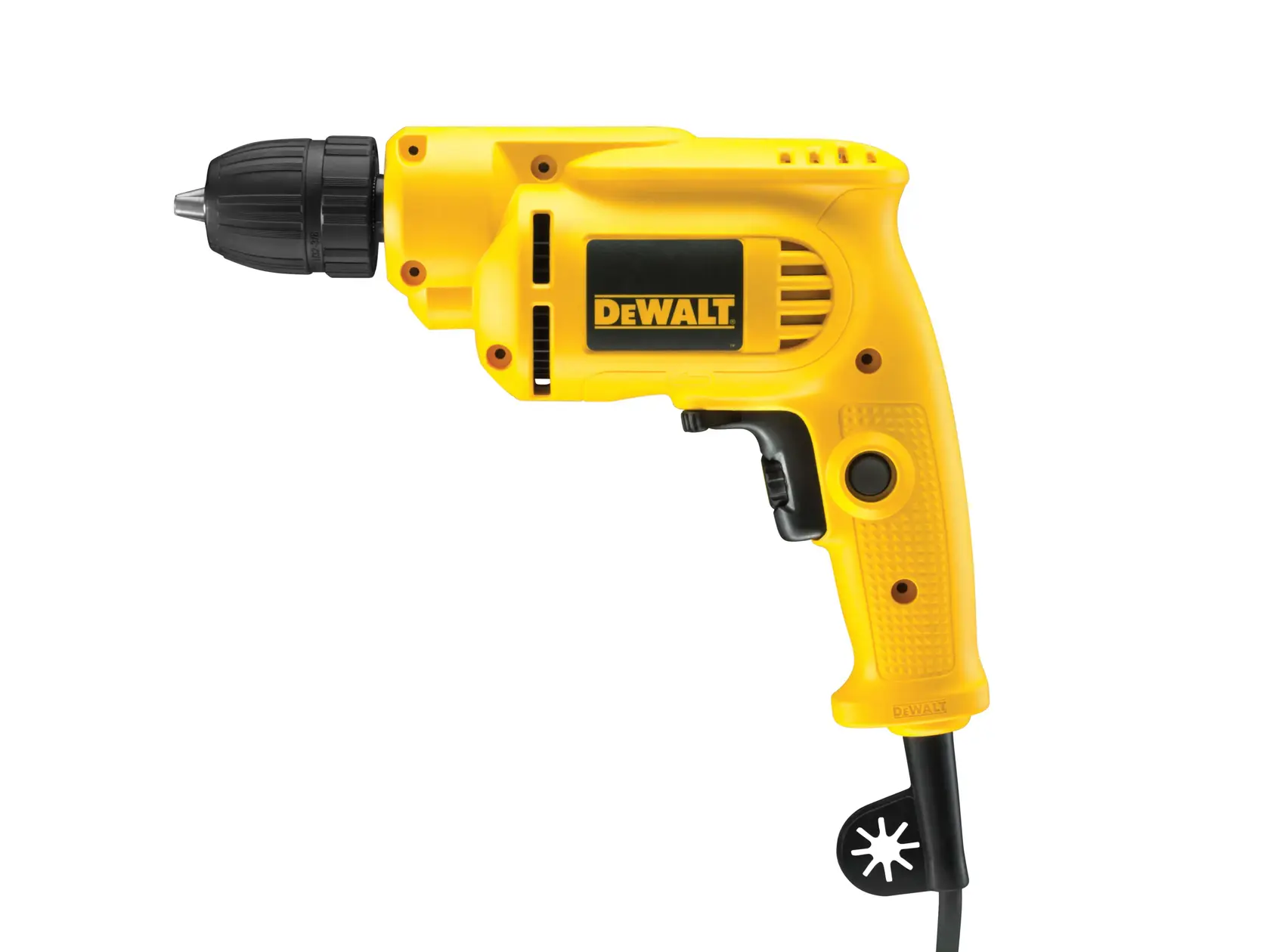 Perceuse électrique DEWALT jaune avec poignée noire et câble, vue latérale, modèle DWD014S.