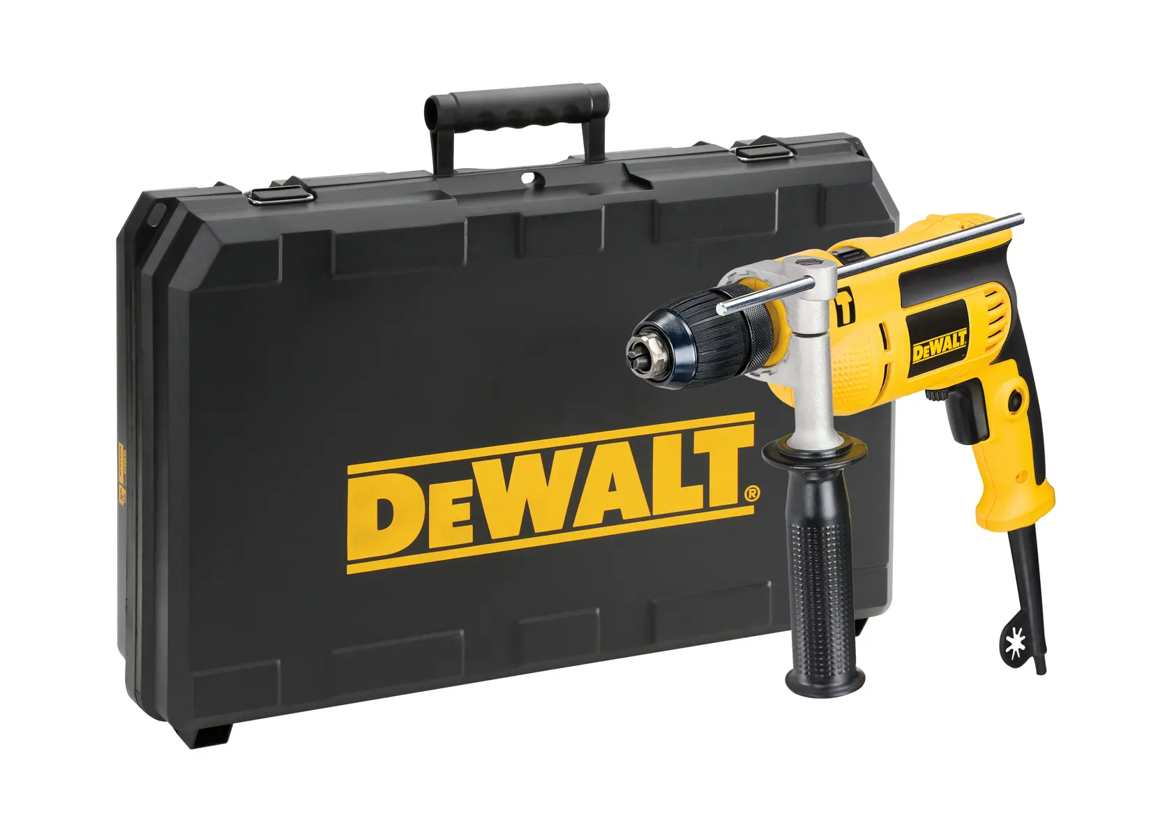 Perceuse électrique DEWALT jaune et noire avec poignée latérale, à côté d'une mallette.